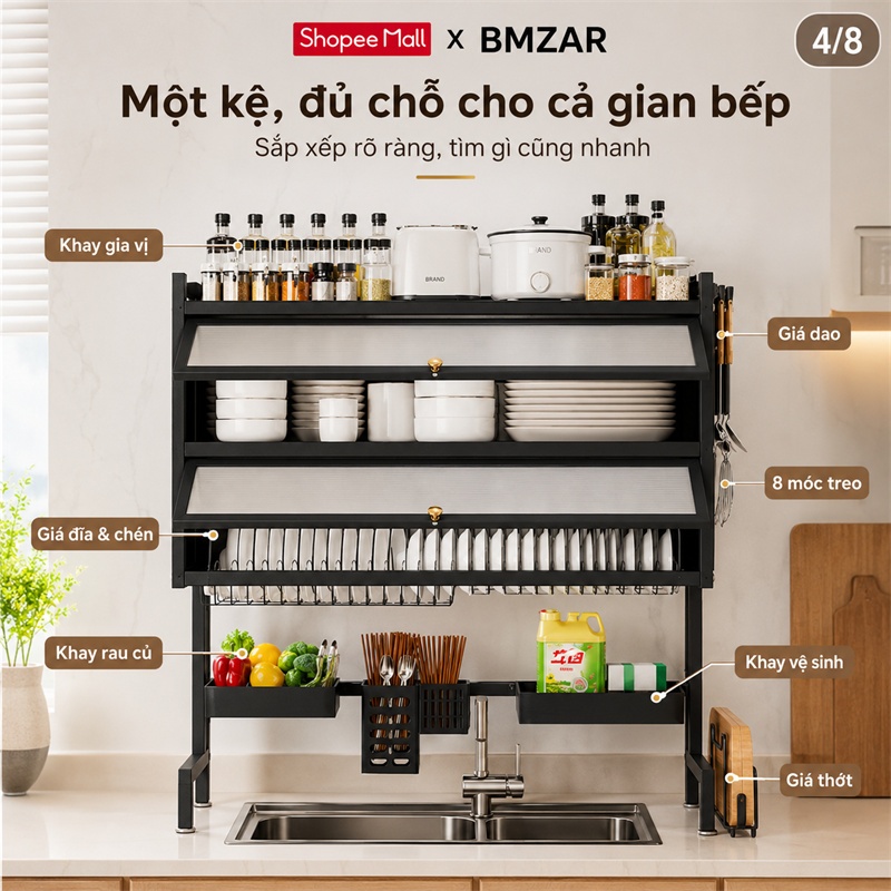 BMZAR Kệ chén có nắp đậy thép cacbon Kệ bát trên bồn rửa bát 65-125CM Kệ úp chén Có thể chịu được 200kg | BigBuy360 - bigbuy360.vn