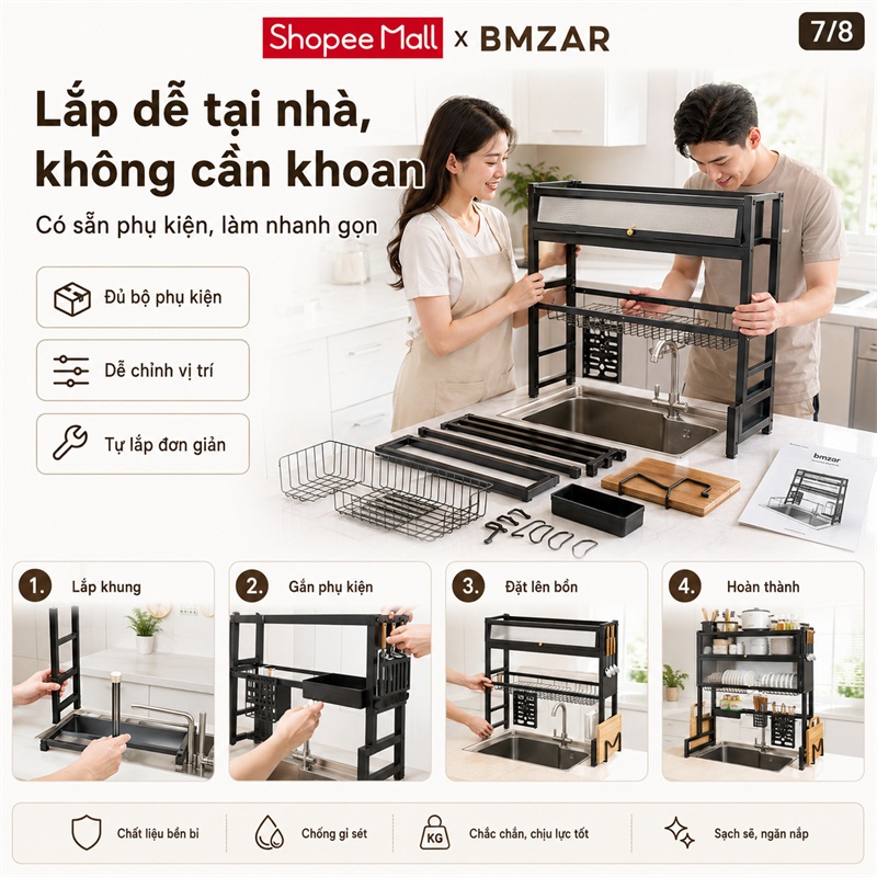 BMZAR Kệ chén có nắp đậy thép cacbon Kệ bát trên bồn rửa bát 65-125CM Kệ úp chén Có thể chịu được 200kg | BigBuy360 - bigbuy360.vn