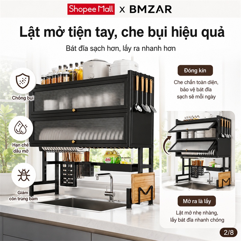 BMZAR Kệ chén có nắp đậy thép cacbon Kệ bát trên bồn rửa bát 65-125CM Kệ úp chén Có thể chịu được 200kg | BigBuy360 - bigbuy360.vn