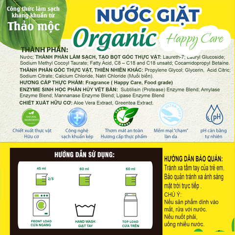 Nước giặt organic happy care làm sạch từ thảo mộc, enzyme sinh học