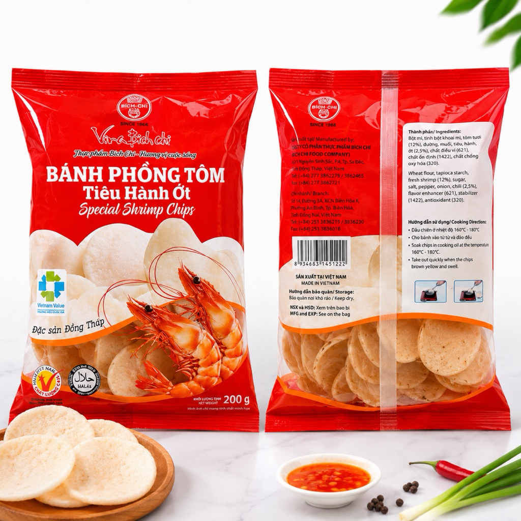Bánh Phồng Tôm Tiêu Hành Ớt Bích Chi 200g - Đặc Sản Đồng Tháp - Thơm ngon, giòn rụm