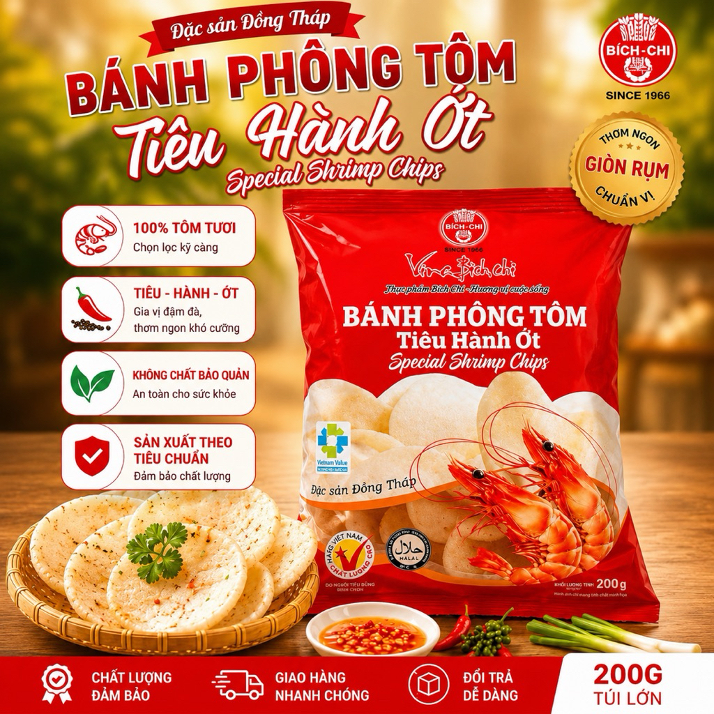 Bánh Phồng Tôm Tiêu Hành Ớt Bích Chi 200g - Đặc Sản Đồng Tháp - Thơm ngon, giòn rụm