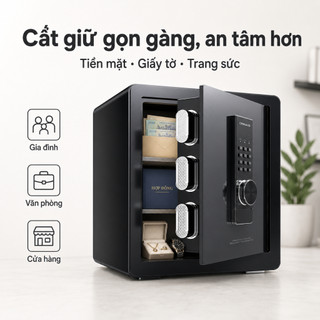 Két Sắt Điện Tử Màn Hình LCD 3 Tầng Lưu Trữ, Khóa Mật Mã, Có Chìa Dự Phòng, Lót Nhung Bên Trong, Kích Thước 45x38x30cm