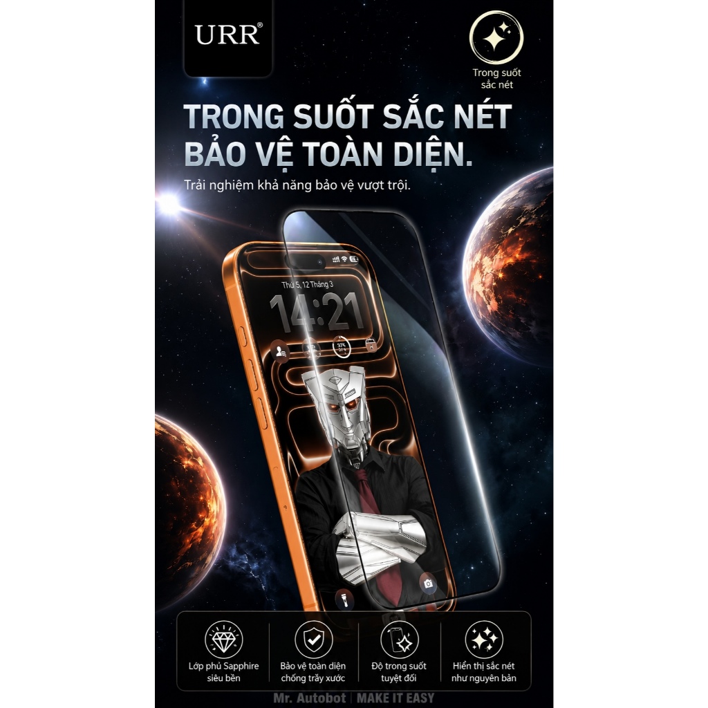 Siêu Kính Cường Lực URR SAPPHIRE+ Trong Suốt Chống Vân Chống Chói Bảo Vệ Mắt Chống Va Đập Dành Cho IP 17/16/15/Promax