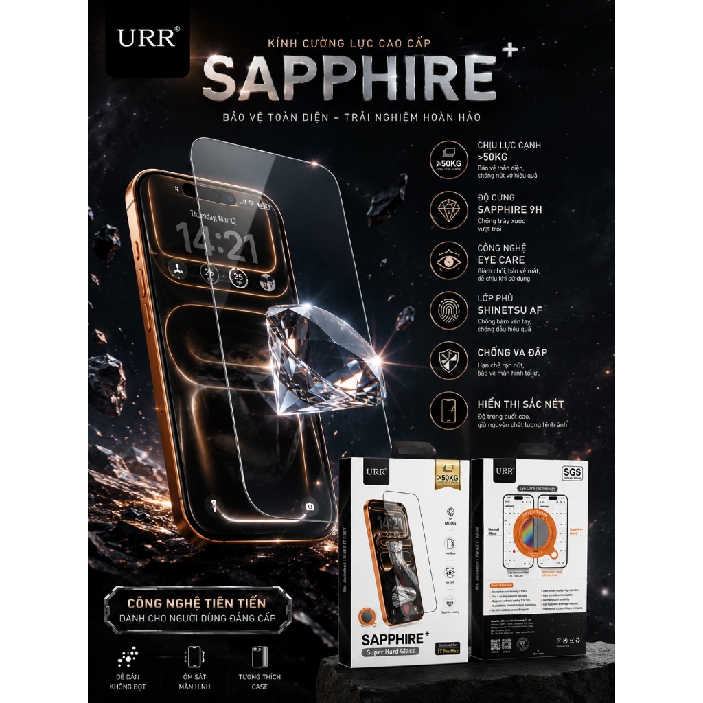 Siêu Kính Cường Lực URR SAPPHIRE+ Trong Suốt Chống Vân Chống Chói Bảo Vệ Mắt Chống Va Đập Dành Cho IP 17/16/15/Promax