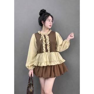 Set Bigsize Áo Babydoll Bèo Cổ Nơ Phối Kèm Chân Váy Bí Xinh Xắn Dành Cho Nàng Chuppy A336+CV413