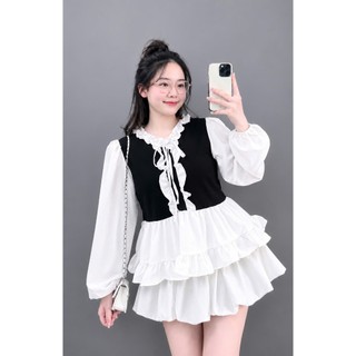 Set Bigsize Áo Babydoll Bèo Cổ Nơ Phối Kèm Chân Váy Bí Xinh Xắn Dành Cho Nàng Chuppy A336+CV413