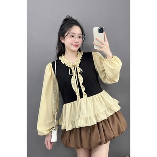 Set Bigsize Áo Babydoll Bèo Cổ Nơ Phối Kèm Chân Váy Bí Xinh Xắn Dành Cho Nàng Chuppy A336+CV413
