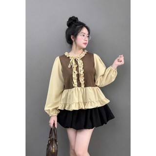 Set Bigsize Áo Babydoll Bèo Cổ Nơ Phối Kèm Chân Váy Bí Xinh Xắn Dành Cho Nàng Chuppy A336+CV413