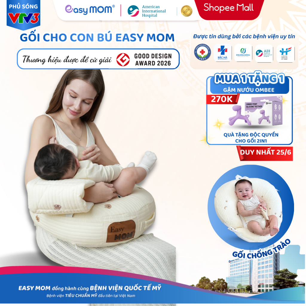 [DEAL AIH] Gối Cho Con Bú 2in1 Easy MOM Kết Hợp Gối Chống Trào Cho Bé Ăn Dặm Cao Cấp Giúp Mẹ Thoải Mái Giảm Đau Nhức