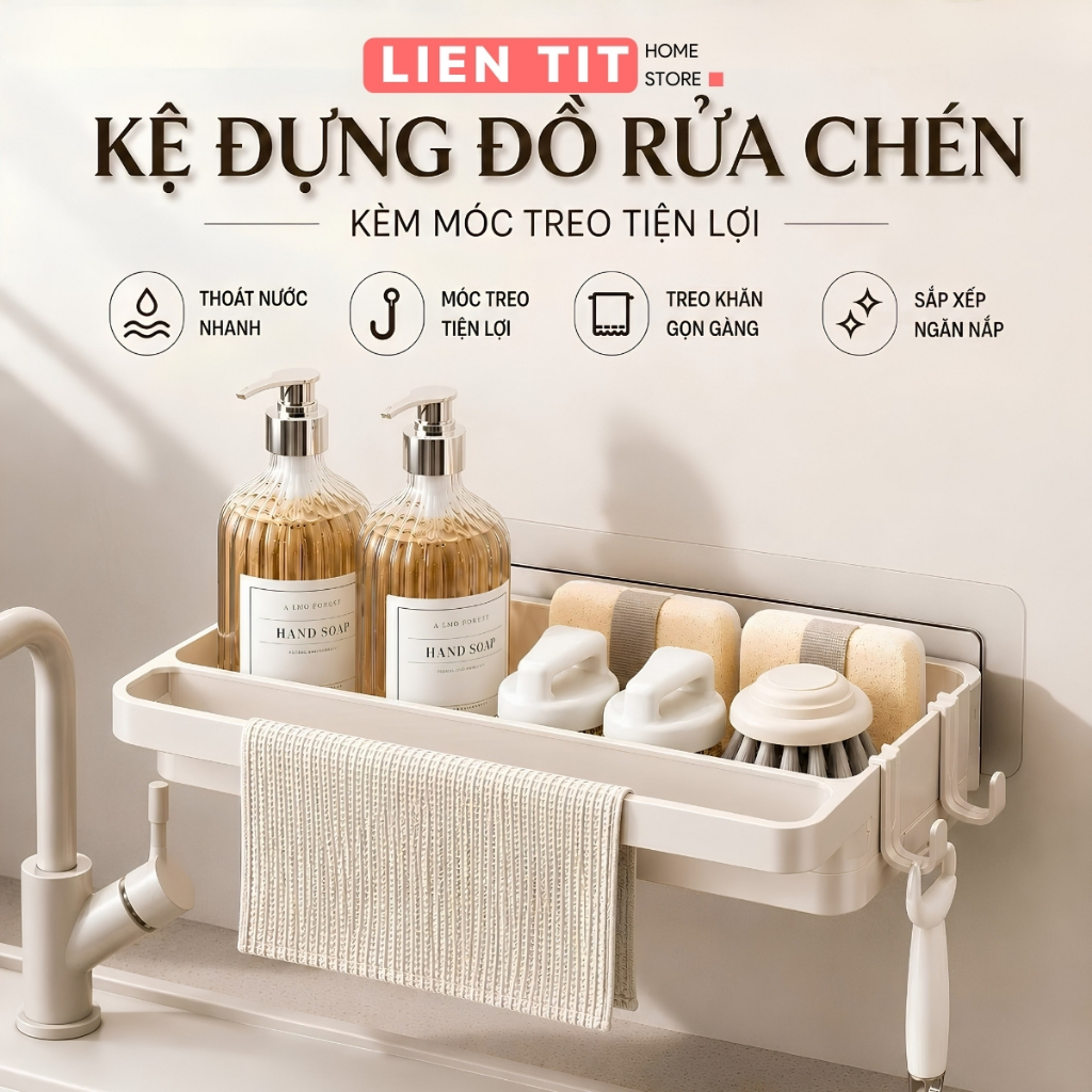 Kệ Đựng Đồ Rửa Chén Bằng Nhựa Có Thanh Treo Khăn Tiện Lợi, Giá Để Đồ Rửa Bát Dán Tường Có Khay Hứng Nước