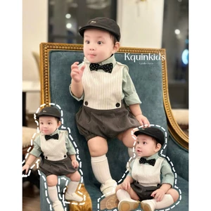 Set công tử xanh MINT Trắng 3 chi tiết áo sơ mi+quần bi+yếm+nơ cho bé đi tiệc sinh nhật thôi nôi-CT01