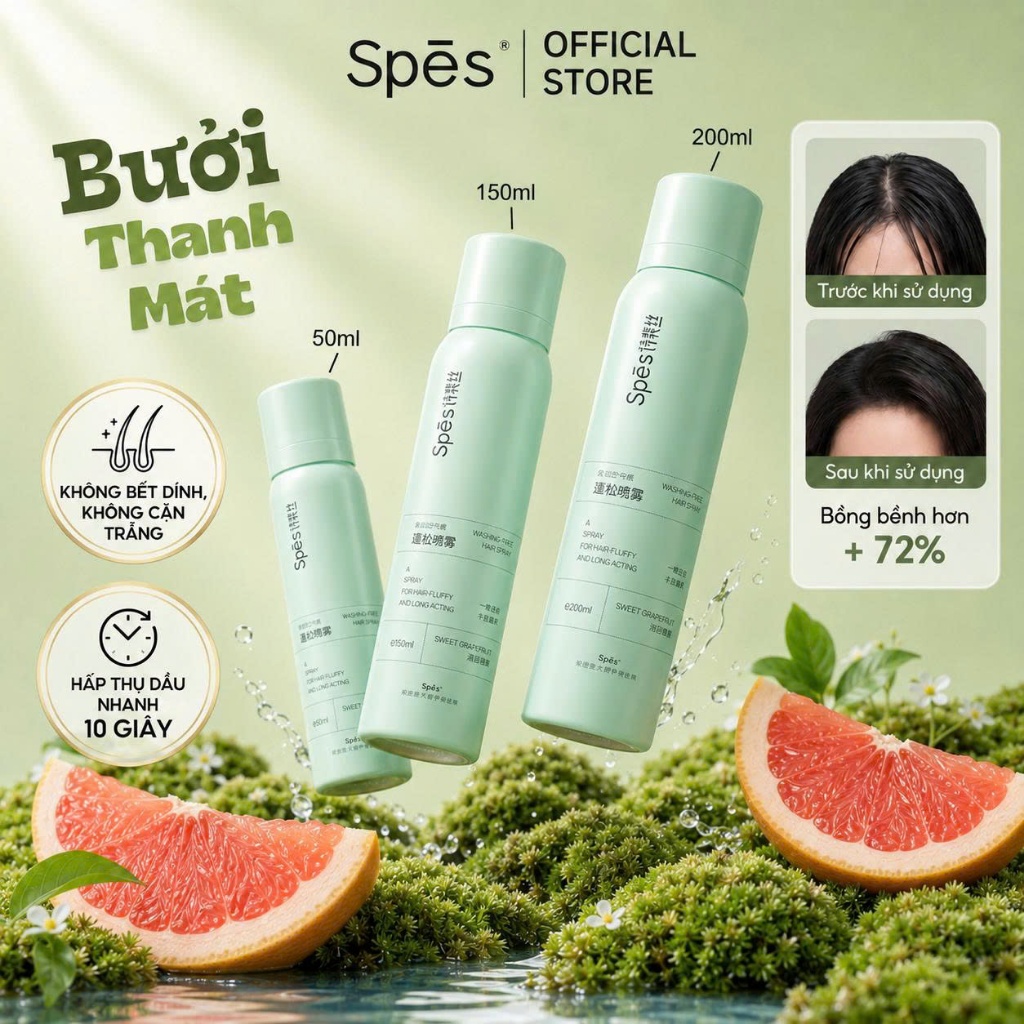 Dầu Gội Khô SPES Hương Bưởi Tạo Phồng Tóc, Hút Dầu Thừa, Giữ Nếp Tự Nhiên 50/150/200ml