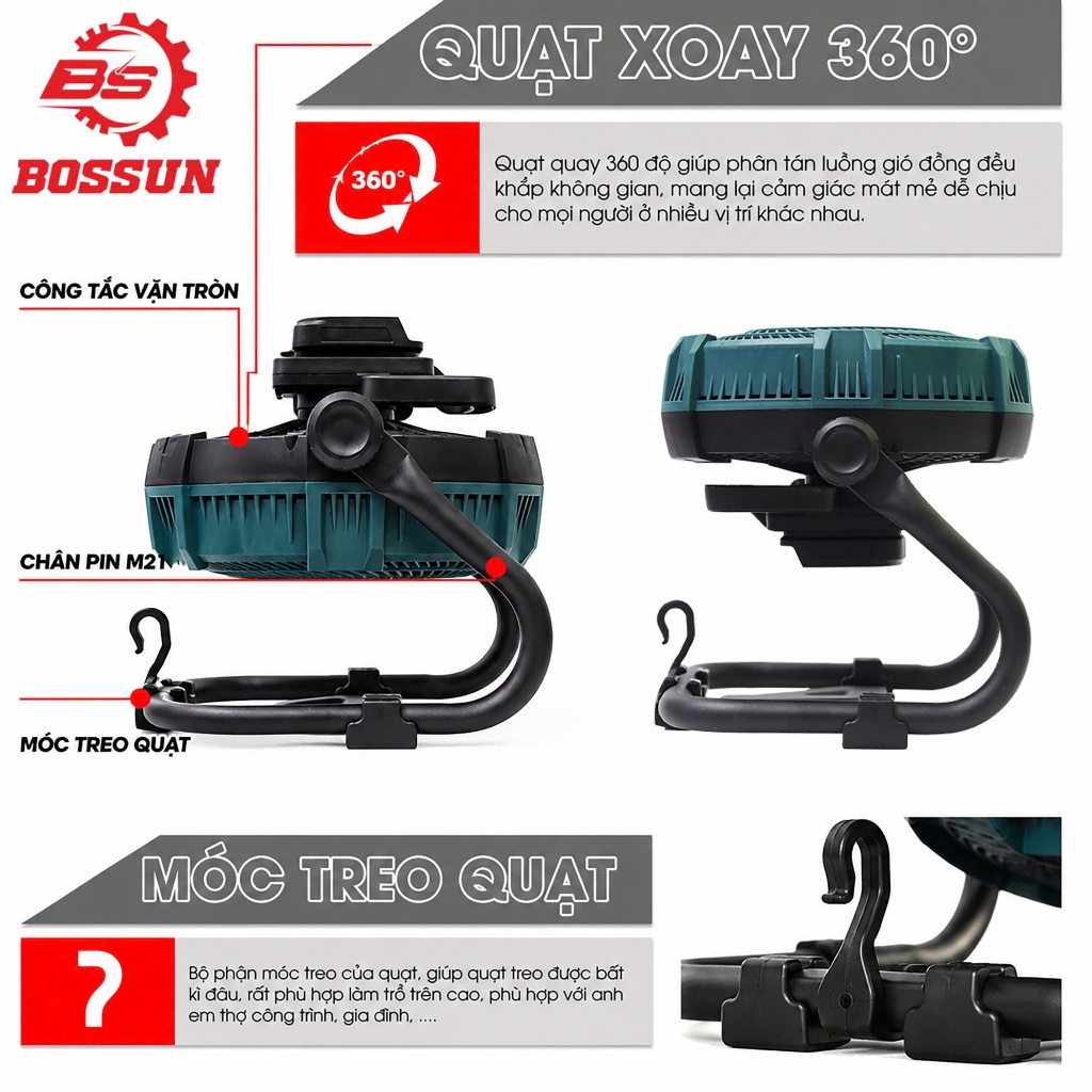 Quạt Tích Điện 12 Inch Bossun M21B-Q12I Dùng Pin & Cắm Điện, Động Cơ Không Chổi Than, Quay 360°