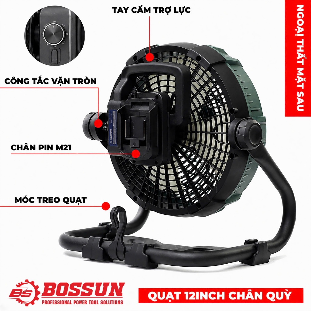 Quạt Tích Điện 12 Inch Bossun M21B-Q12I Dùng Pin & Cắm Điện, Động Cơ Không Chổi Than, Quay 360°