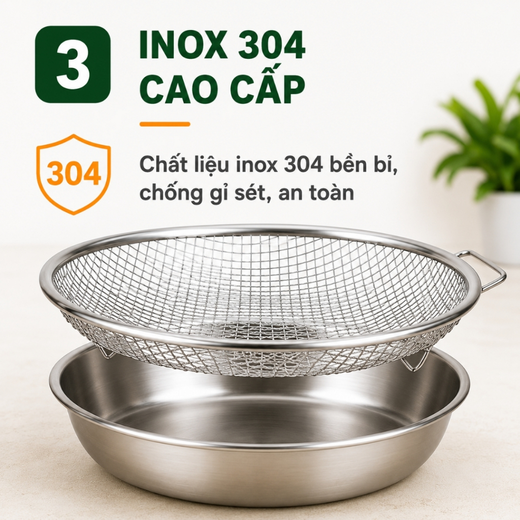 Khay Lọc Dầu Inox 304 Kèm Vỉ Lưới 22cm, Khay Ráo Dầu Đồ Chiên Rán Chống Ngập Dầu Tiện Lợi