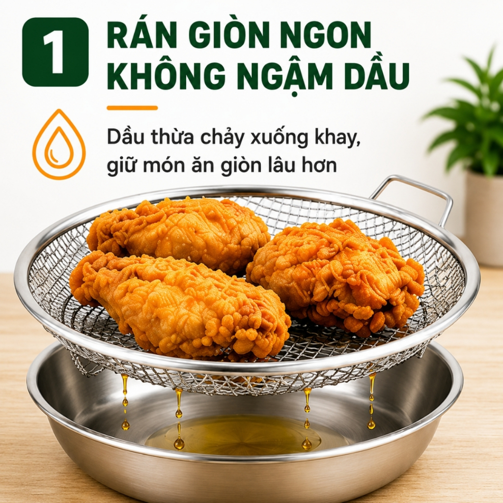 Khay Lọc Dầu Inox 304 Kèm Vỉ Lưới 22cm, Khay Ráo Dầu Đồ Chiên Rán Chống Ngập Dầu Tiện Lợi