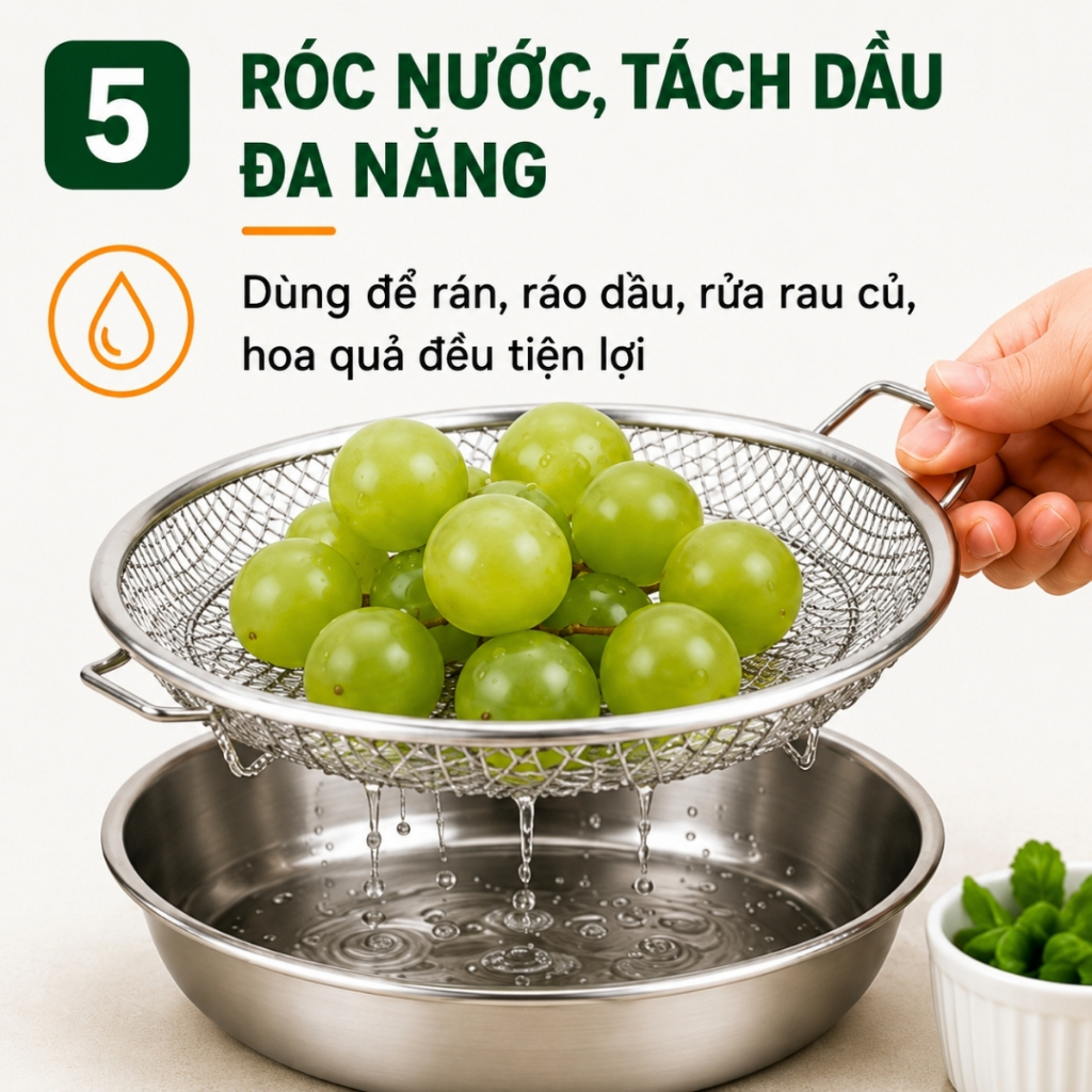 Khay Lọc Dầu Inox 304 Kèm Vỉ Lưới 22cm, Khay Ráo Dầu Đồ Chiên Rán Chống Ngập Dầu Tiện Lợi