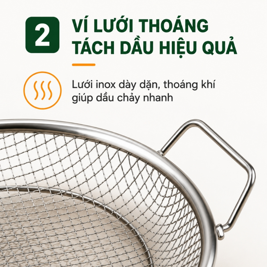 Khay Lọc Dầu Inox 304 Kèm Vỉ Lưới 22cm, Khay Ráo Dầu Đồ Chiên Rán Chống Ngập Dầu Tiện Lợi