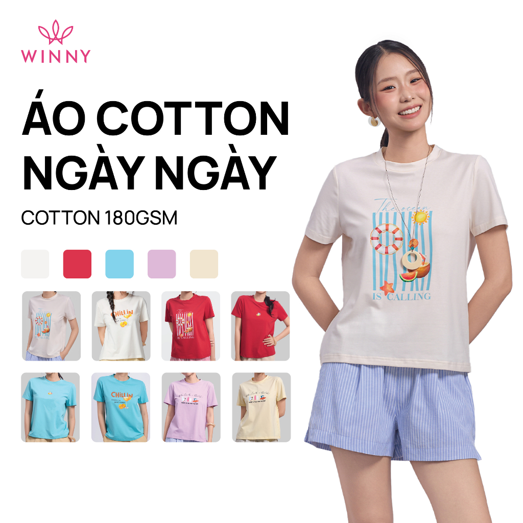 Áo thun WINNY cotton co giãn basic tay ngắn form vừa, áo thun 180gsm 1HACT26011N