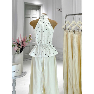 SEP House - Set áo chấm bi cổ yếm xoắn cột nơ lưng cách điệu phối quần kem dài lưng chun cá tính, trendy - Ảnh thật