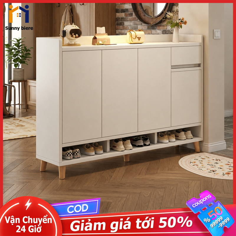 Tủ giày Cửa ấn mở tiện lợi Kệ dưới lấy dép nhanh Gờ chắn chống rơi Chân gỗ vững chắc 𝙎𝙐𝙉𝙉𝙔 𝘽𝙄𝙀𝙍𝙀