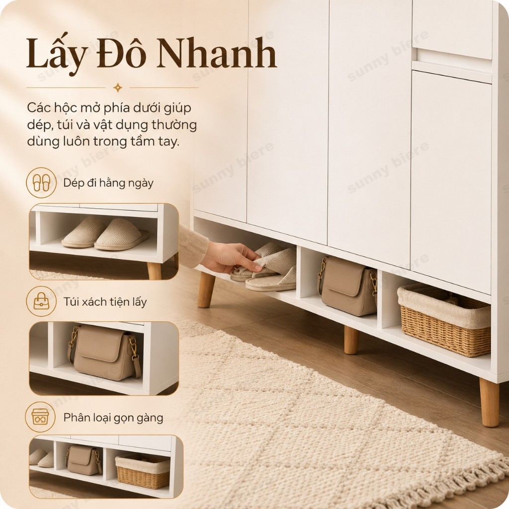 Tủ giày Cửa ấn mở tiện lợi Kệ dưới lấy dép nhanh Gờ chắn chống rơi Chân gỗ vững chắc 𝙎𝙐𝙉𝙉𝙔 𝘽𝙄𝙀𝙍𝙀