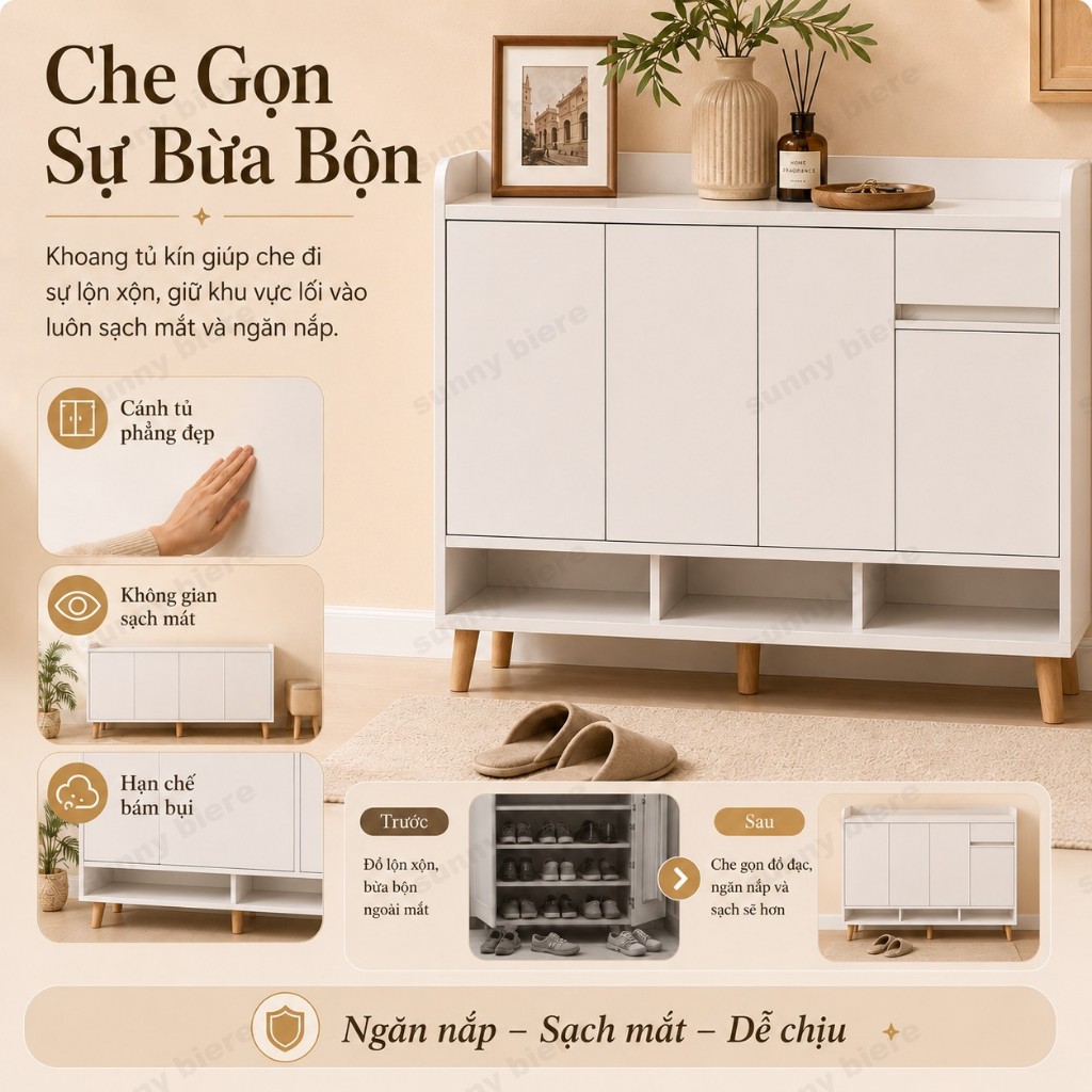 Tủ giày Cửa ấn mở tiện lợi Kệ dưới lấy dép nhanh Gờ chắn chống rơi Chân gỗ vững chắc 𝙎𝙐𝙉𝙉𝙔 𝘽𝙄𝙀𝙍𝙀