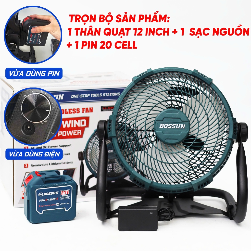Quạt Tích Điện 12 Inch Bossun M21B-Q12I Dùng Pin & Cắm Điện, Động Cơ Không Chổi Than, Quay 360°