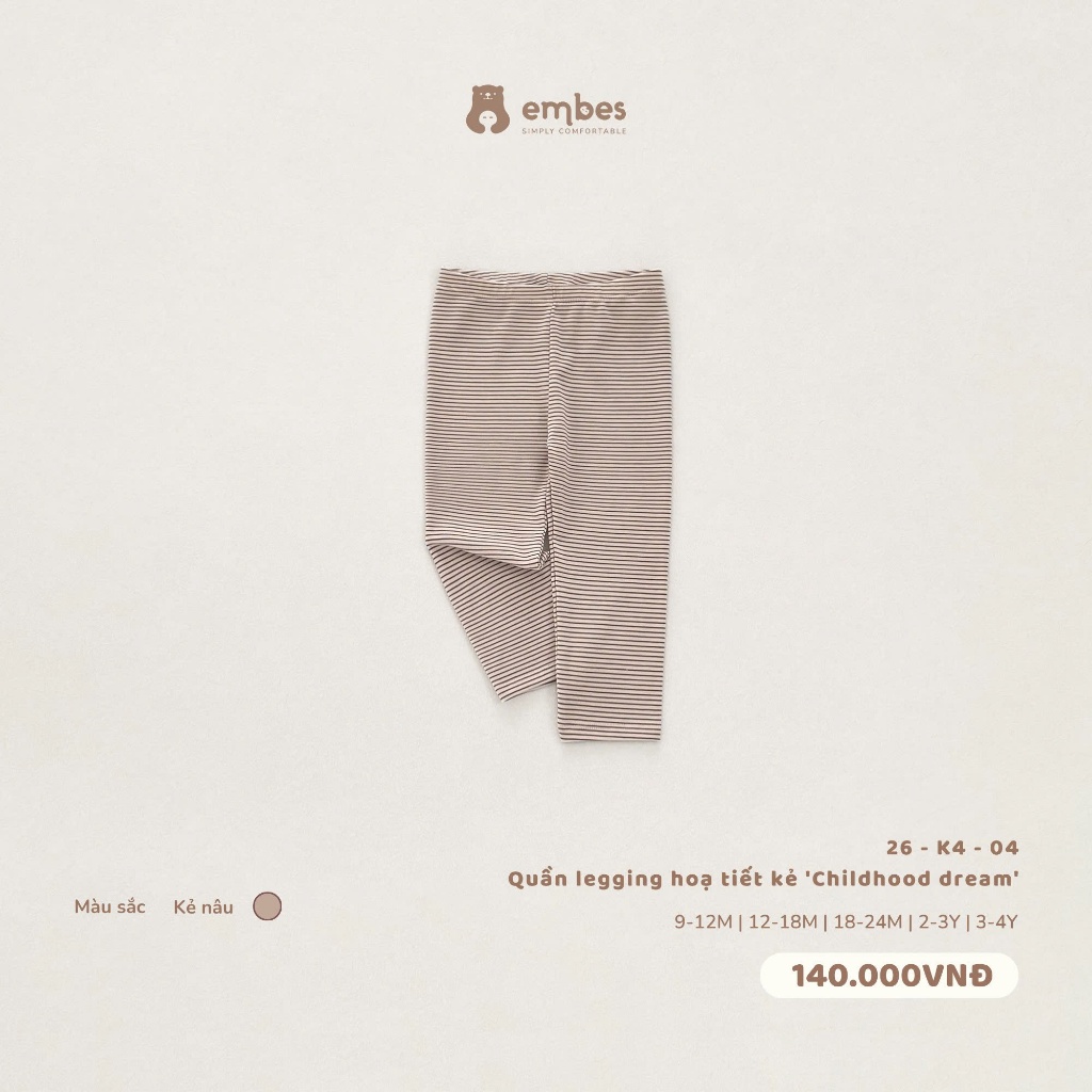 Quần Legging Cho Bé Embes, Quần Legging Họa Tiết Kẻ Ngang Chất Lycocell Cho Bé Trai Bé Gái Từ 8-18kg