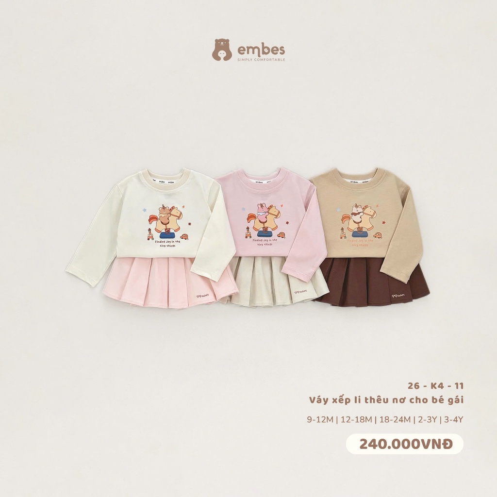 Váy Bé Gái Embes, Chân Váy Xếp Ly Dáng Tennis Thêu Họa Tiết Nơ Chất Cotton Mềm Cho Bé Gái Từ 8-18Kg