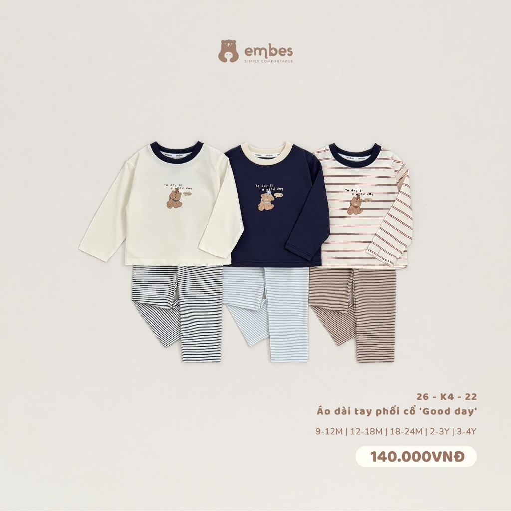 Áo Dài Tay Cho Bé Embes, Áo Thun Dài Tay Ngực In Họa Tiết Chất Cotton Cho Bé Trai Bé Gái Từ 8-18kg