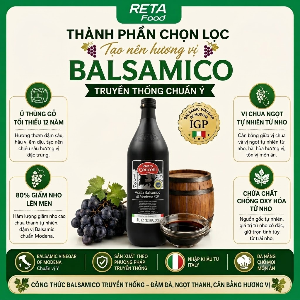 Giấm nho thơm/đen Pietro Coricelli Balsamico Vinegar of Modena 250ml/500ml/1000ml - Nhập khẩu Ý
