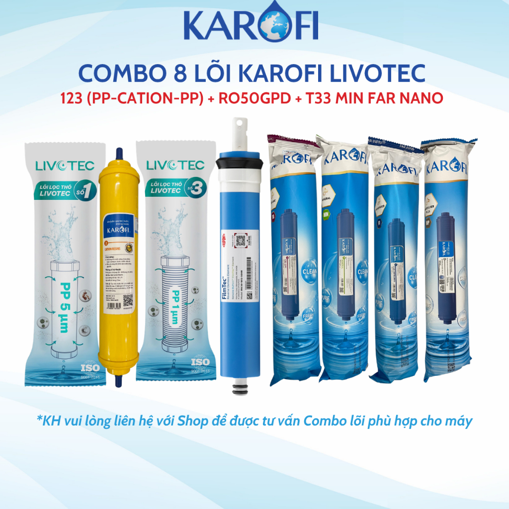 Combo 8 Lõi Lọc Nước Karofi Gồm Lõi 123 (Lõi 2 Cation Nhỏ) - Màng RO Dupont 50GPD - 4 Lõi Chức Năng Model K8RO-H