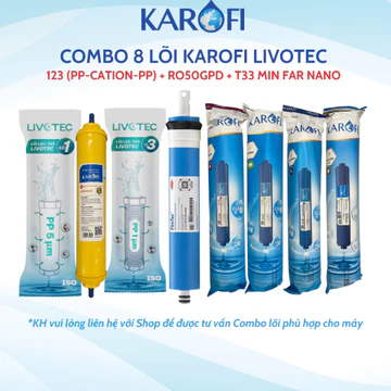 Combo 8 Lõi Lọc Nước Karofi Gồm Lõi 123 (Lõi 2 Cation Nhỏ) - Màng RO Dupont 50GPD - 4 Lõi Chức Năng Model K8RO-H