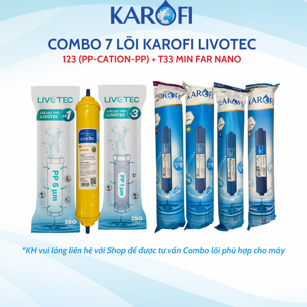 Combo 8 Lõi Lọc Nước Karofi Gồm Lõi 123 (Lõi 2 Cation Nhỏ) - Màng RO Dupont 50GPD - 4 Lõi Chức Năng Model K8RO-H