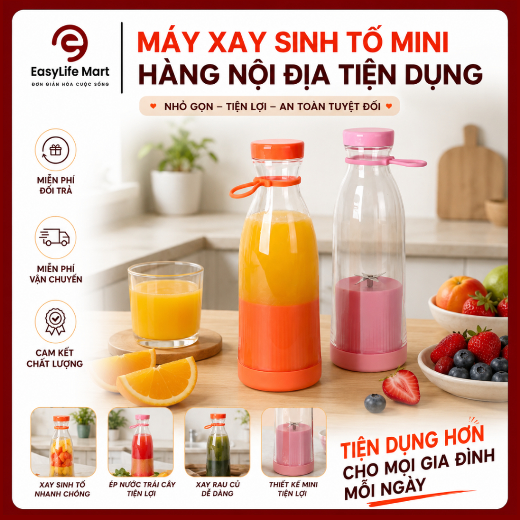 Máy Xay Sinh Tố Mini 420ml Nội Địa Cao Cấp Sạc USB Tiện Lợi, Xay Trái Cây Nhanh, Nhỏ Gọn Mang Đi