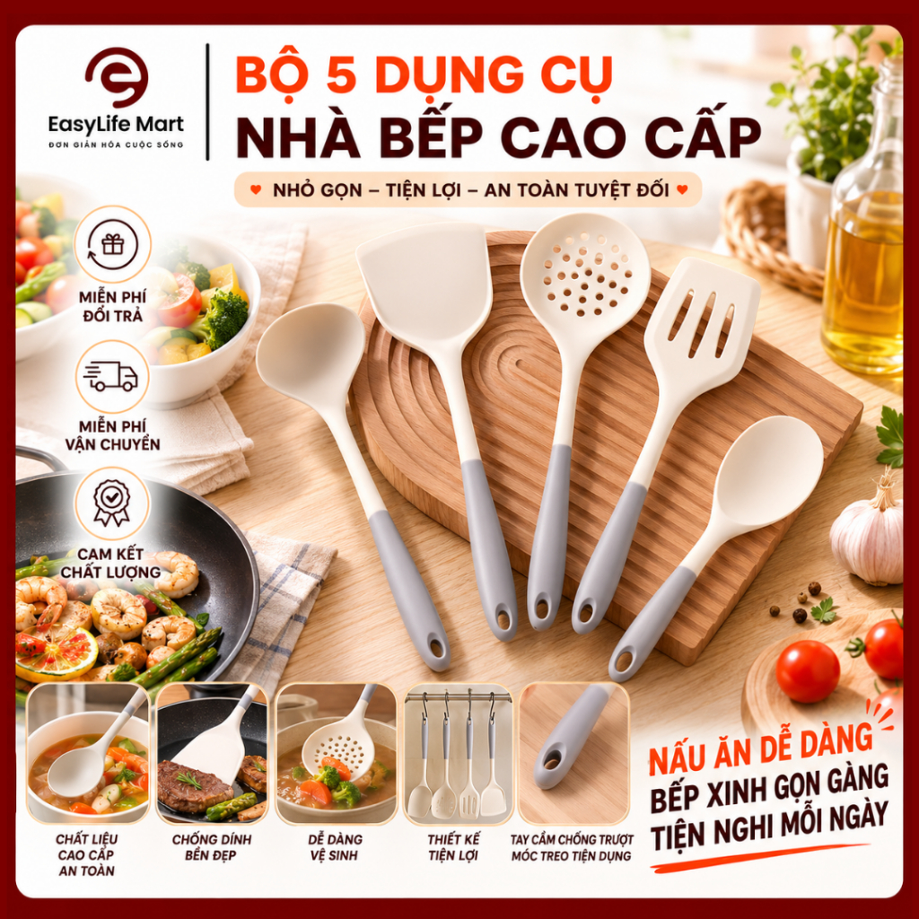 Bộ 5 dụng cụ nấu ăn bằng silicone an toàn, chịu nhiệt tốt, dễ dàng vệ sinh, có lỗ treo tiện lợi