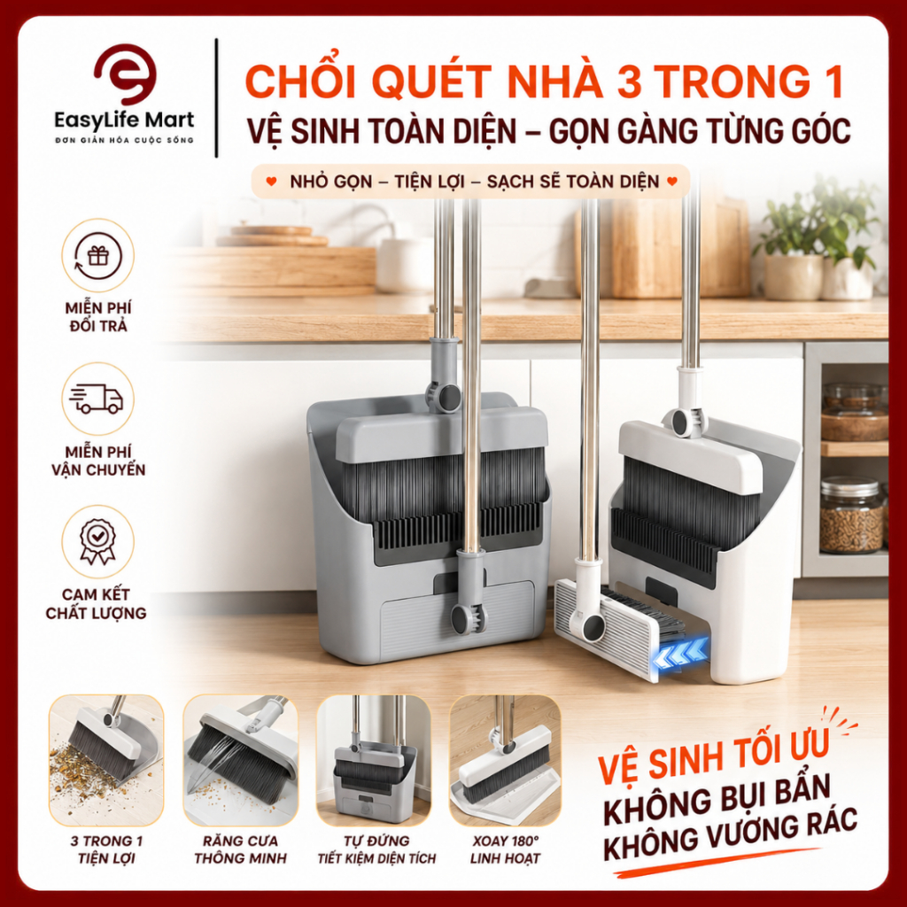 Chổi Quét Nhà 3 Trong 1 Bản Nội Địa Mới Nhất Gạt Nước, Gom Rác, Lau Sàn Siêu Sạch