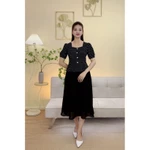 Đầm xòe trung niên cho mẹ - Cổ vuông tim kết nút tay ngắn - Đen hoa nhí - TTV2085 — ảnh 3