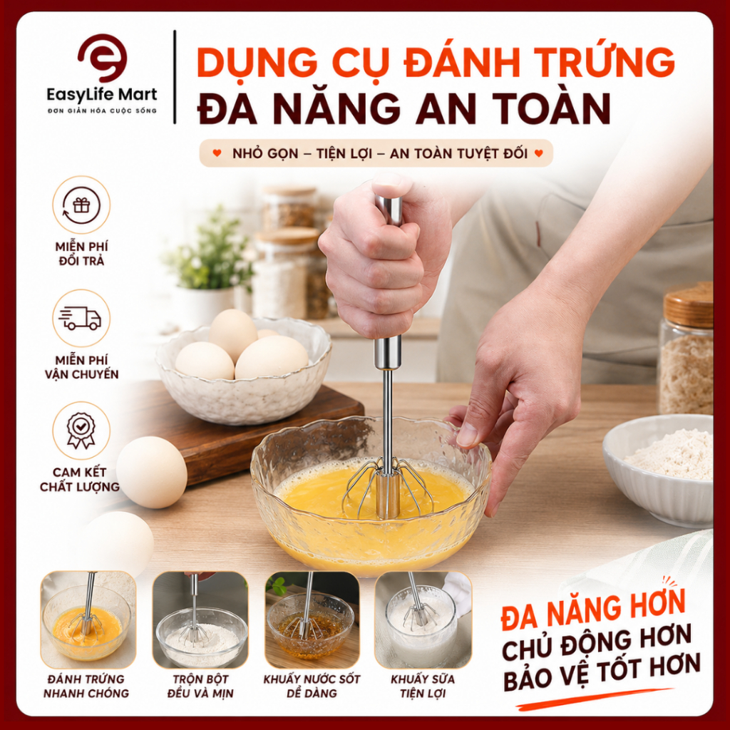 Cây Đánh Trứng Inox Tự Xoay Nhanh 360 Không Dùng Pin, Tiện Lợi Cho Nhà Bếp