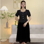 Đầm xòe trung niên cho mẹ - Cổ vuông tim kết nút tay ngắn - Đen hoa nhí - TTV2085 — ảnh 1