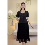 Đầm xòe trung niên cho mẹ - Cổ vuông tim kết nút tay ngắn - Đen hoa nhí - TTV2085 — ảnh 2