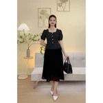 Đầm xòe trung niên cho mẹ - Cổ vuông tim kết nút tay ngắn - Đen hoa nhí - TTV2085 — ảnh 5