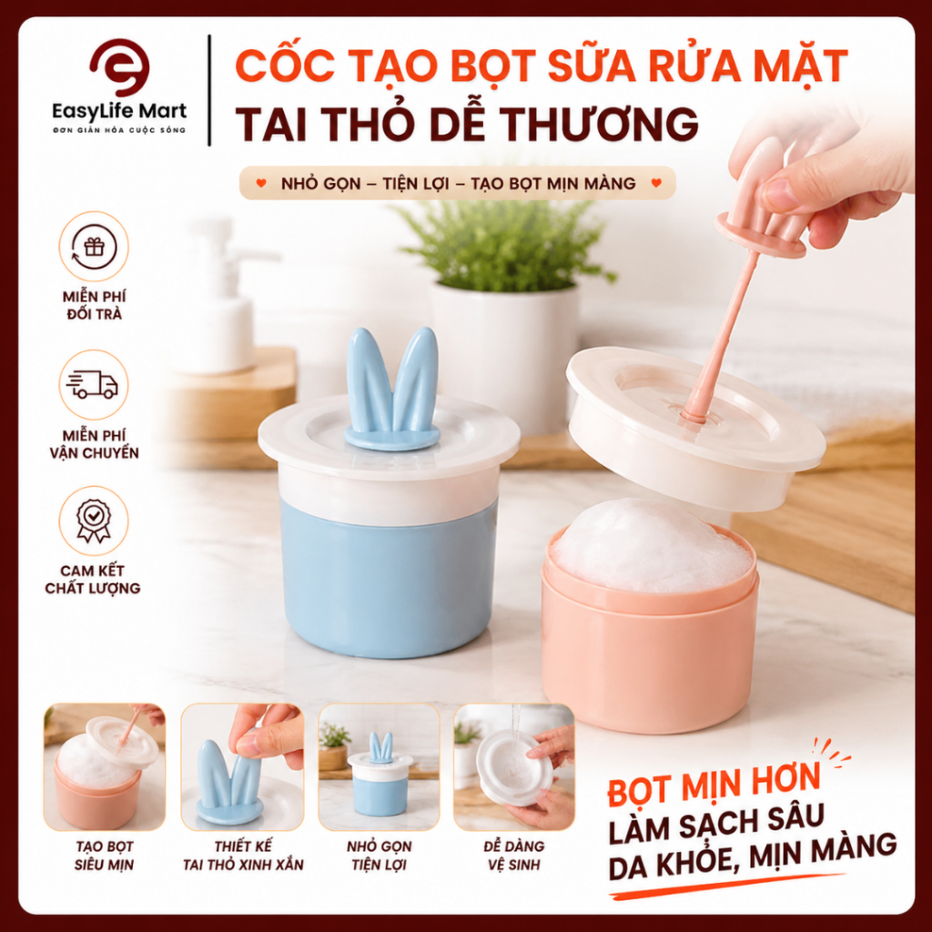 Cốc Tạo Bọt Rửa Mặt Thiết Kế Ngộ Nghĩnh Tai Thỏ Dễ Thương, Làm Sạch Nhẹ Nhàng