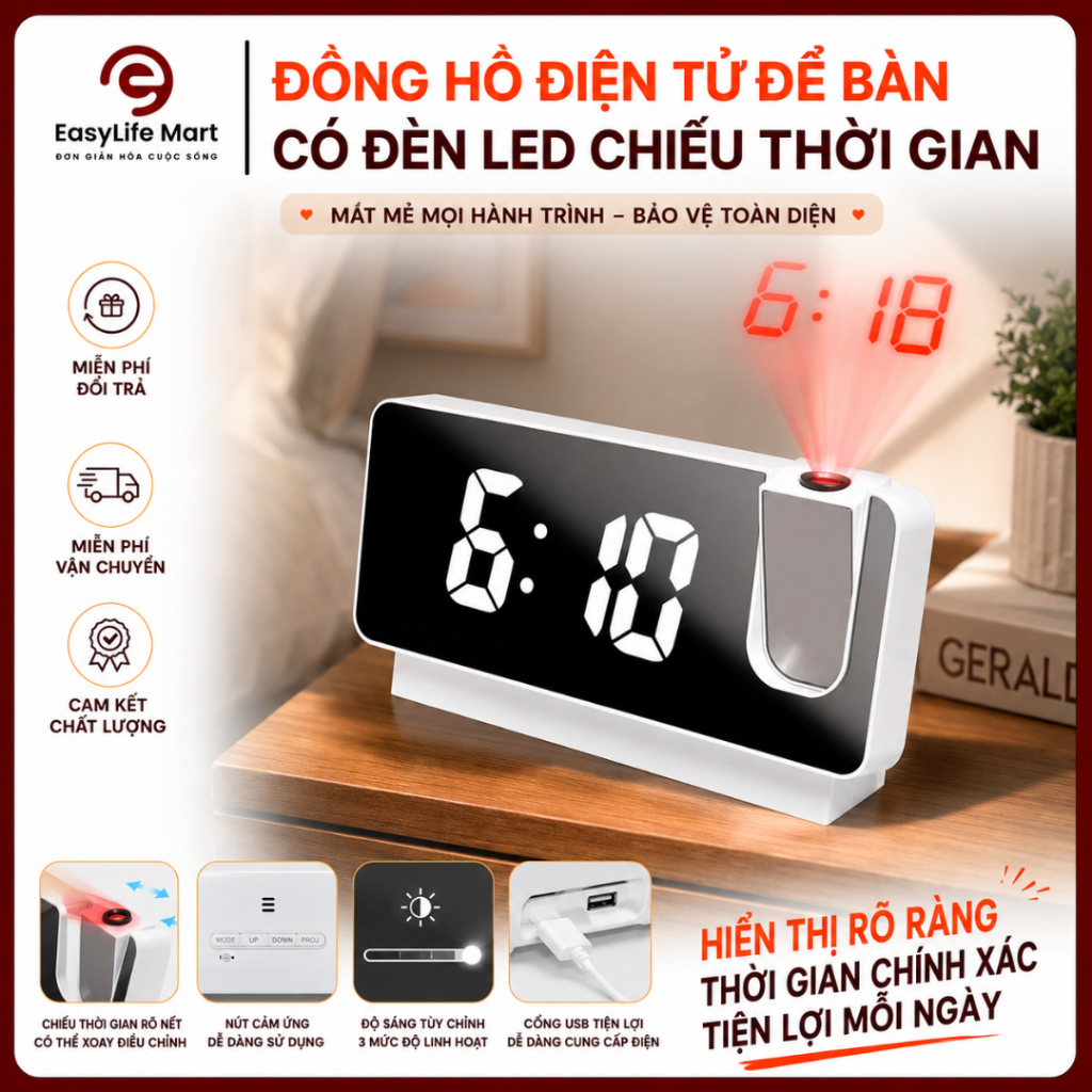 Đồng hồ điện tử để bàn tích hợp đèn LED chiếu thời gian, hiển thị nhiệt độ phòng, có chế độ báo thức