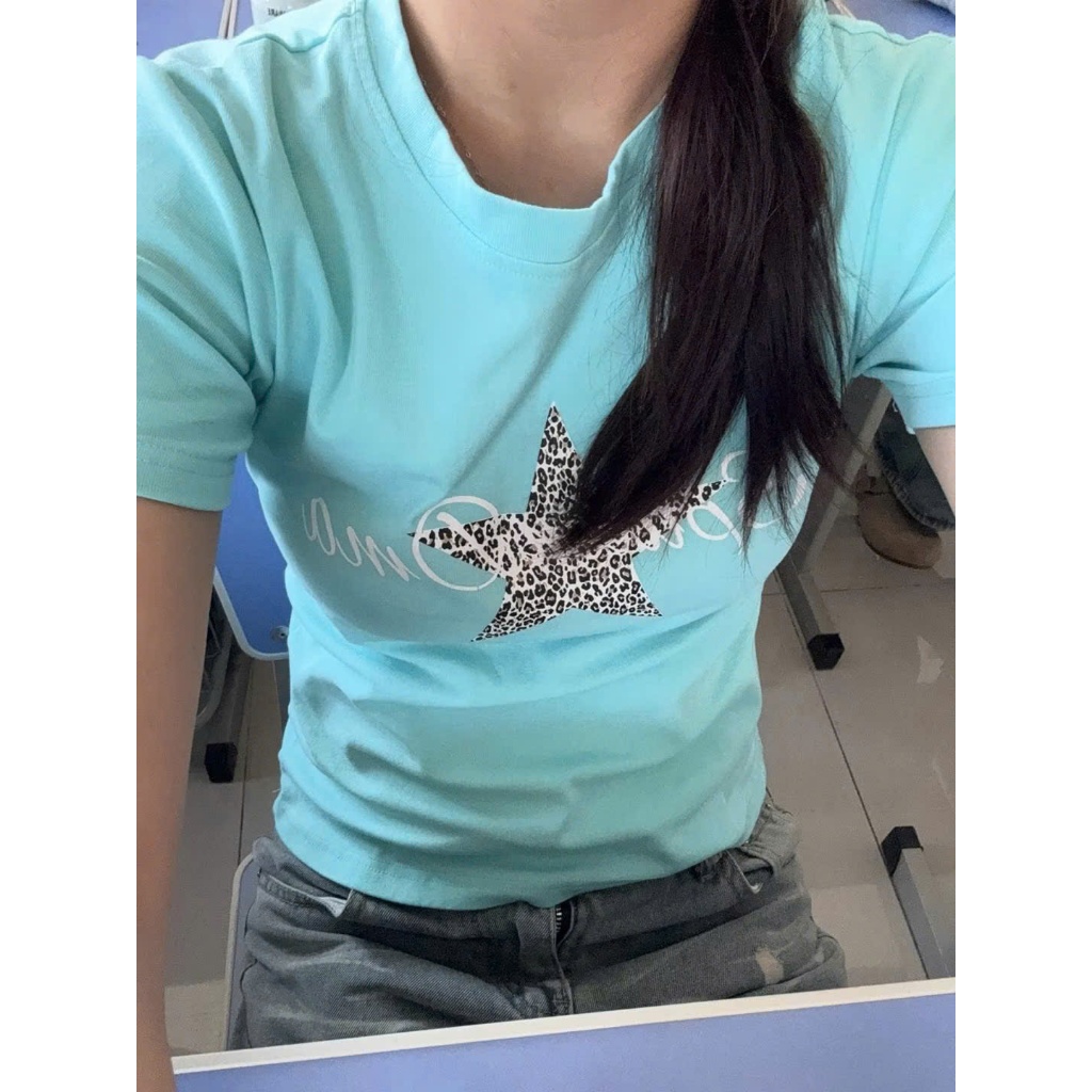 Áo baby tee màu xanh ngọc tiffany blue hình ngôi sao chữ mảnh đơn giản chất cotton - Tiktik