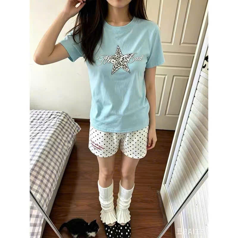 Áo baby tee màu xanh ngọc tiffany blue hình ngôi sao chữ mảnh đơn giản chất cotton - Tiktik