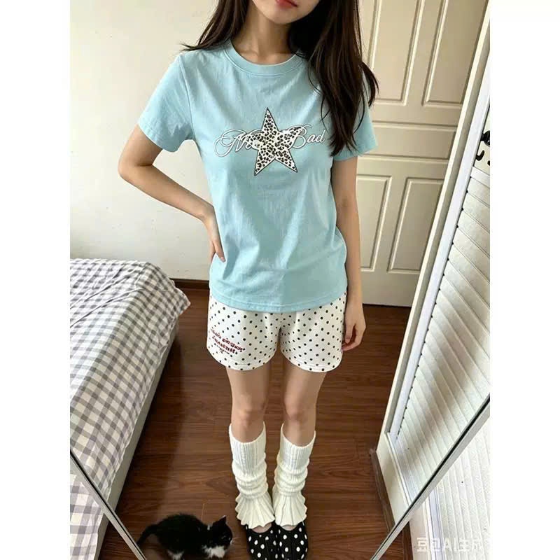 Áo baby tee màu xanh ngọc tiffany blue hình ngôi sao chữ mảnh đơn giản chất cotton - Tiktik