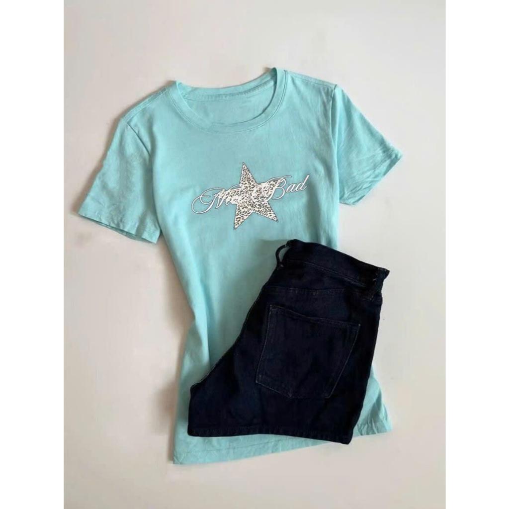 Áo baby tee màu xanh ngọc tiffany blue hình ngôi sao chữ mảnh đơn giản chất cotton - Tiktik